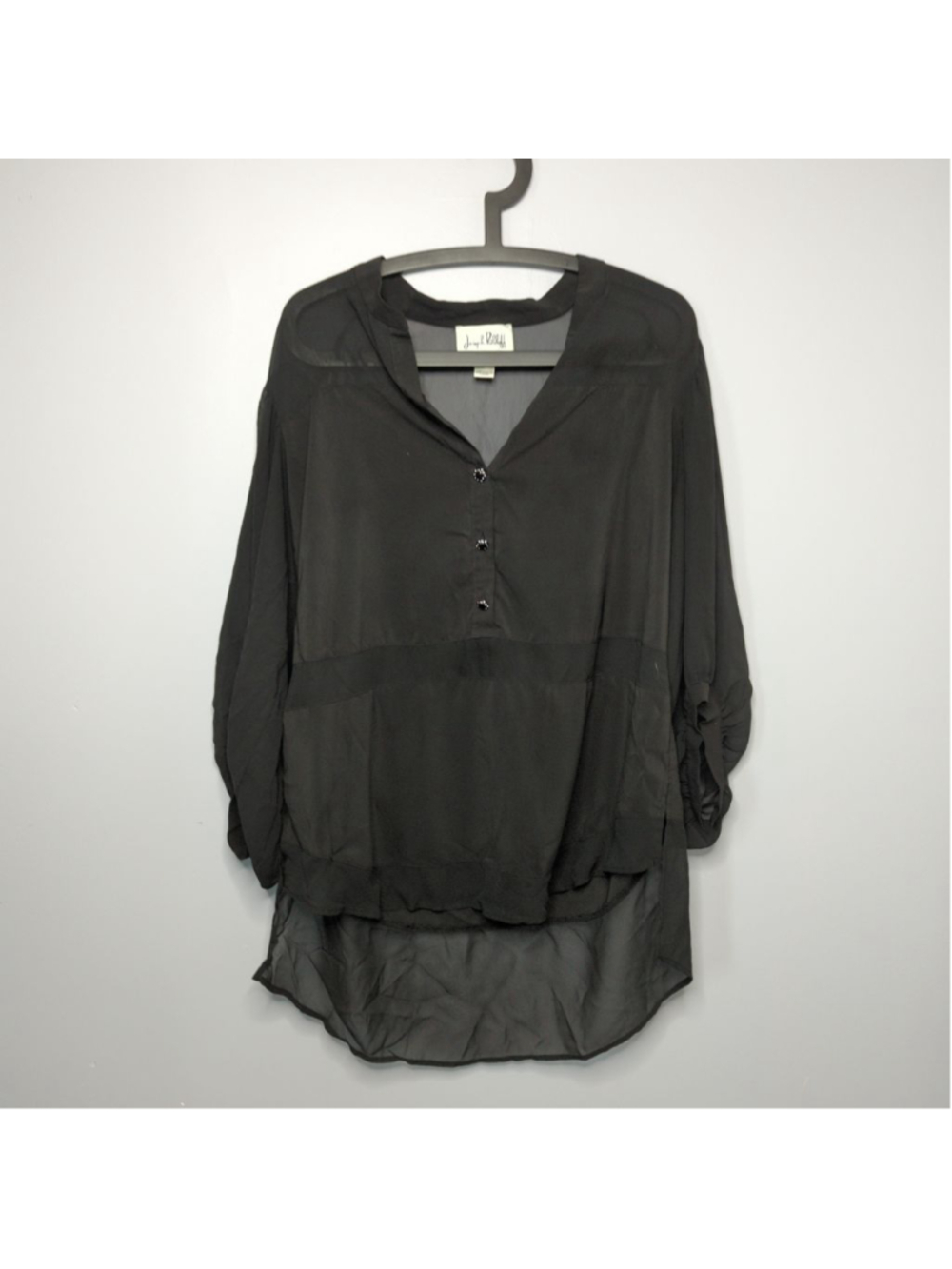 Vintage Joseph Ribkoff Sheer Popover Top Womens 10 Black Balloon Sleeves Hi Lo